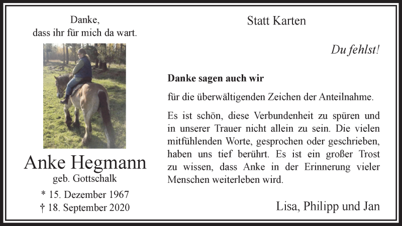  Traueranzeige für Anke Hegmann vom 17.10.2020 aus WVW Anzeigenblätter