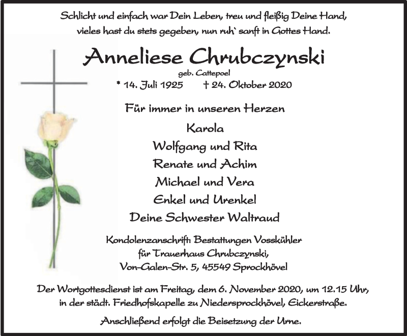  Traueranzeige für Anneliese Chrubczynski vom 31.10.2020 aus WVW Anzeigenblätter