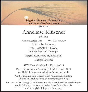 Traueranzeige von Anneliese Klüsener von WVW Anzeigenblätter