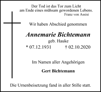 Traueranzeige von Annemarie Bichtemann von WVW Anzeigenblätter