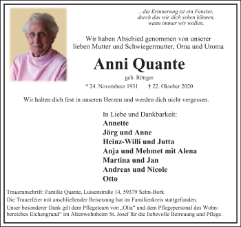 Traueranzeige von Anni Quante von WVW Anzeigenblätter