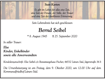 Traueranzeige von Bernd Seibel von WVW Anzeigenblätter