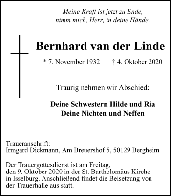 Traueranzeige von Bernhard van der Linde von WVW Anzeigenblätter
