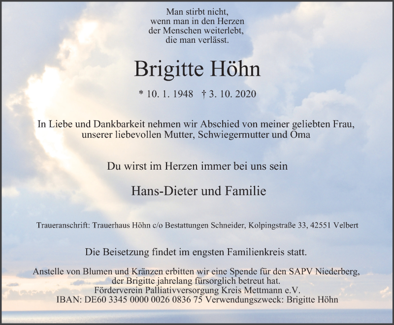 Traueranzeigen Von Brigitte Höhn | Trauer-in-NRW.de