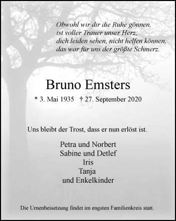 Traueranzeige von Bruno Emsters von WVW Anzeigenblätter