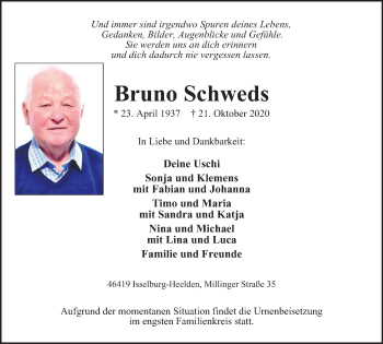 Traueranzeige von Bruno Schweds von WVW Anzeigenblätter