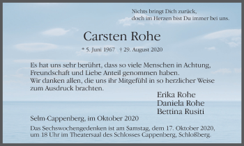 Traueranzeige von Carsten Rohe von WVW Anzeigenblätter
