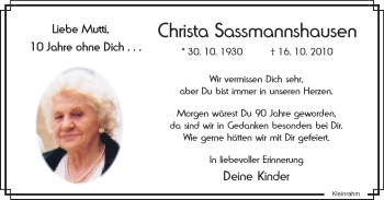 Traueranzeige von Christa Sassmannshausen von WVW Anzeigenblätter