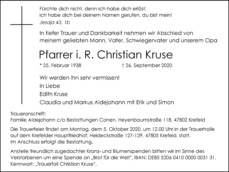  Traueranzeige für Christian Kruse vom 02.10.2020 aus WVW Anzeigenblätter