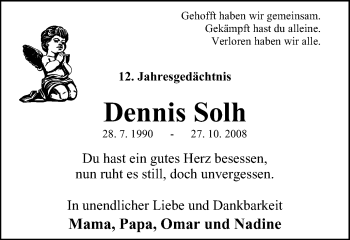 Traueranzeige von Dennis Solh von WVW Anzeigenblätter