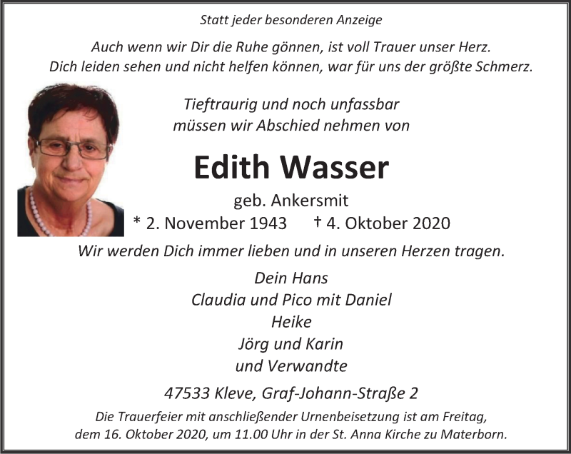  Traueranzeige für Edith Wasser vom 10.10.2020 aus WVW Anzeigenblätter