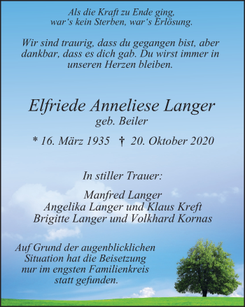 Traueranzeige von Elfriede Anneliese Langer von WVW Anzeigenblätter