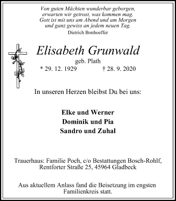 Traueranzeige von Elisabeth Grunwald von WVW Anzeigenblätter