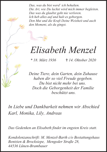 Traueranzeige von Elisabeth Menzel von WVW Anzeigenblätter