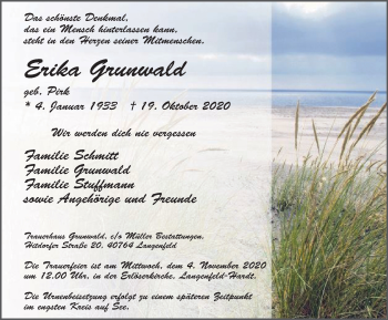 Traueranzeige von Erika Grunwald von WVW Anzeigenblätter