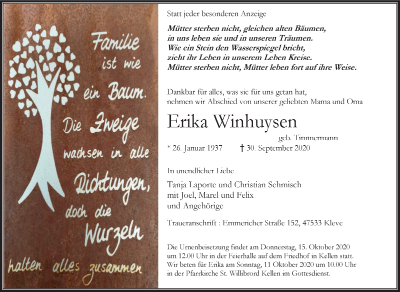 Traueranzeige für Erika Winhuysen vom 10.10.2020 aus WVW Anzeigenblätter