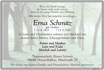 Traueranzeige von Erna Schmitz von WVW Anzeigenblätter