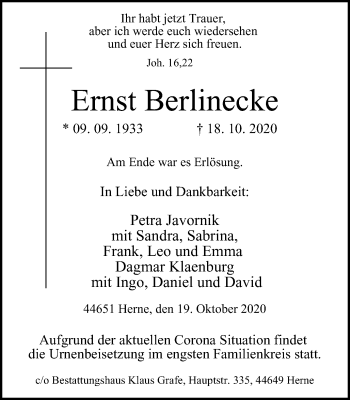 Traueranzeige von Ernst Berlinecke von WVW Anzeigenblätter