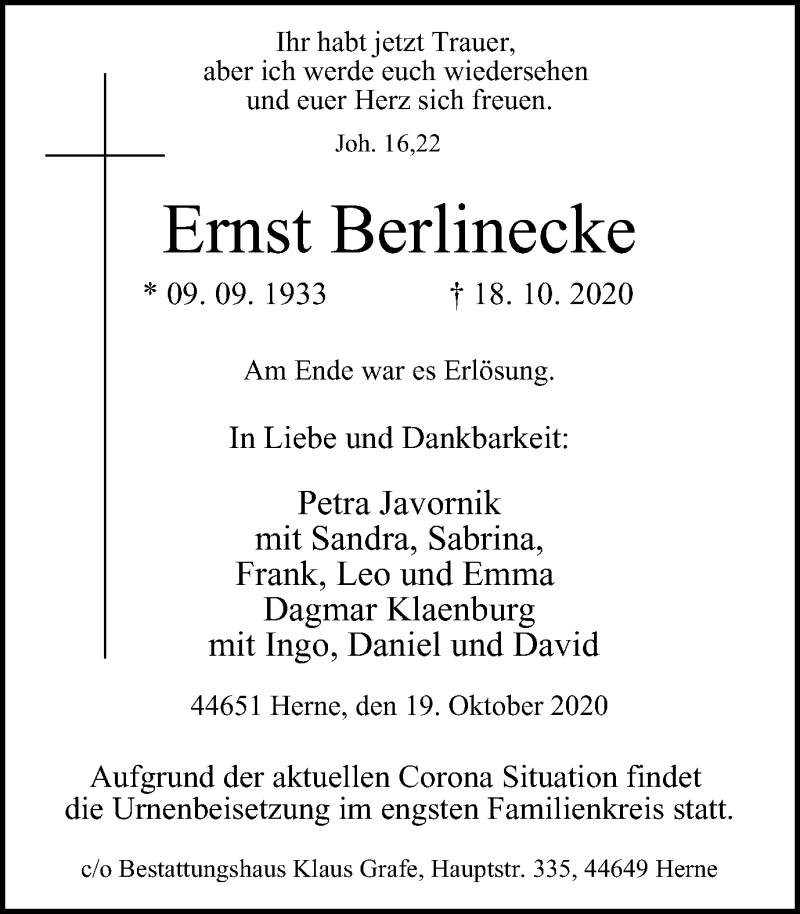  Traueranzeige für Ernst Berlinecke vom 24.10.2020 aus WVW Anzeigenblätter