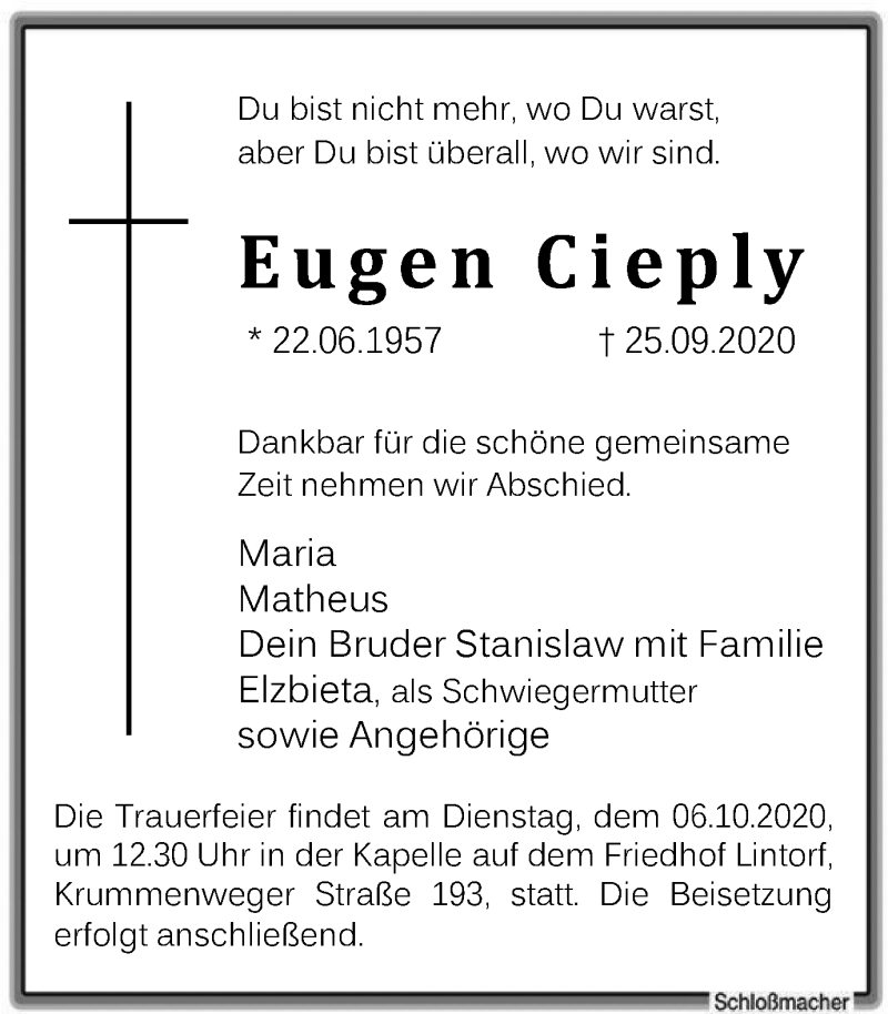  Traueranzeige für Eugen Cieply vom 01.10.2020 aus WVW Anzeigenblätter