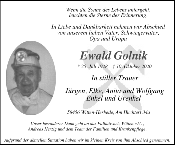 Traueranzeige von Ewald Golnik von WVW Anzeigenblätter