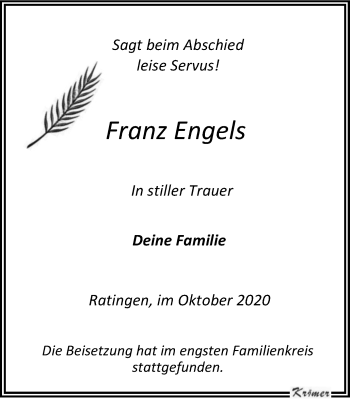 Traueranzeige von Franz Engels von WVW Anzeigenblätter