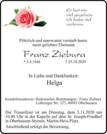 Traueranzeige von Franz Ziebura von WVW Anzeigenblätter