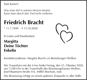 Traueranzeige von Friedrich Bracht von WVW Anzeigenblätter
