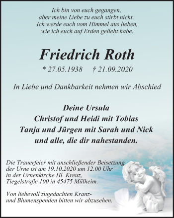 Traueranzeige von Friedrich Roth von WVW Anzeigenblätter