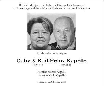 Traueranzeige von Gaby und Karl-Heinz Kapelle von WVW Anzeigenblätter
