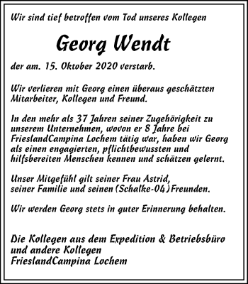 Traueranzeige von Georg Wendt von WVW Anzeigenblätter