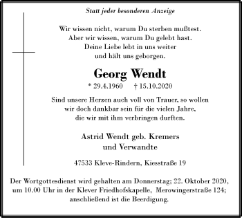 Traueranzeige von Georg Wendt von WVW Anzeigenblätter