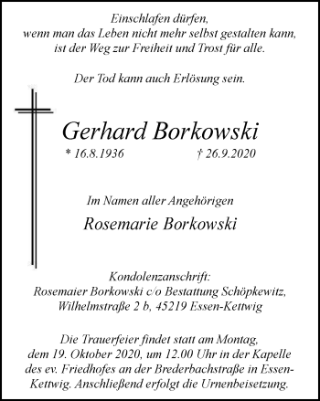 Traueranzeige von Gerhard Borkowski von WVW Anzeigenblätter