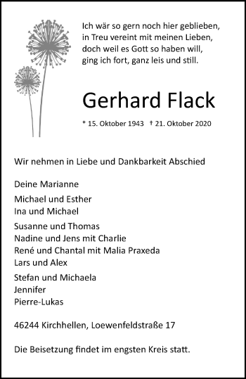 Traueranzeige von Gerhard Flack von WVW Anzeigenblätter