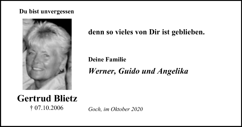  Traueranzeige für Gertrud Blietz vom 07.10.2020 aus WVW Anzeigenblätter