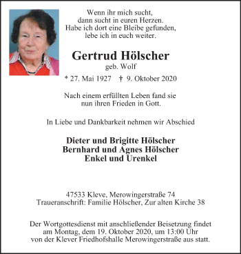 Traueranzeige von Gertrud Hölscher von WVW Anzeigenblätter