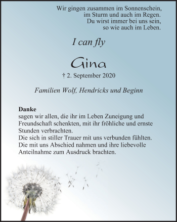Traueranzeige von Gina Hendricks von WVW Anzeigenblätter