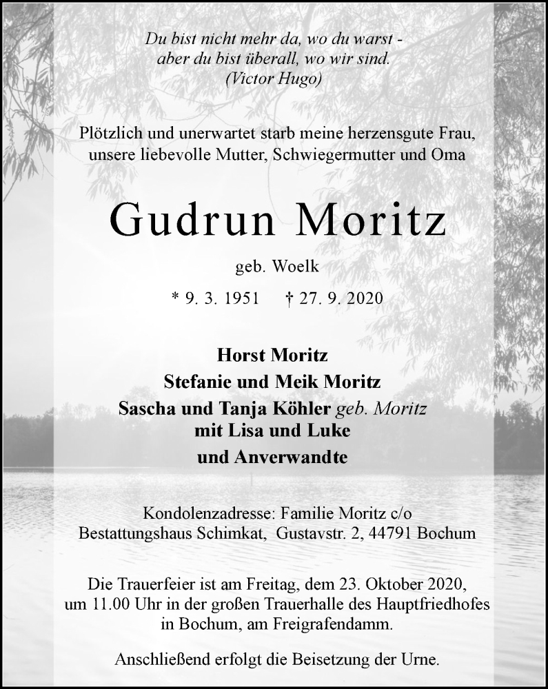  Traueranzeige für Gudrun Moritz vom 17.10.2020 aus WVW Anzeigenblätter