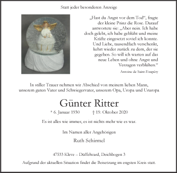 Traueranzeige von Günter Ritter von WVW Anzeigenblätter