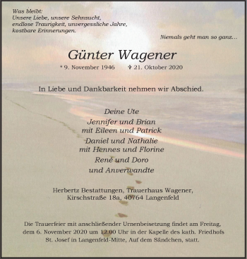 Traueranzeige von Günter Wagener von WVW Anzeigenblätter