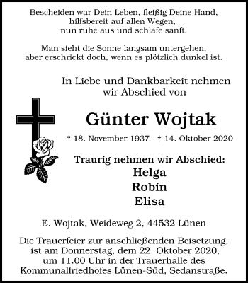 Traueranzeige von Günter Wojtak von WVW Anzeigenblätter