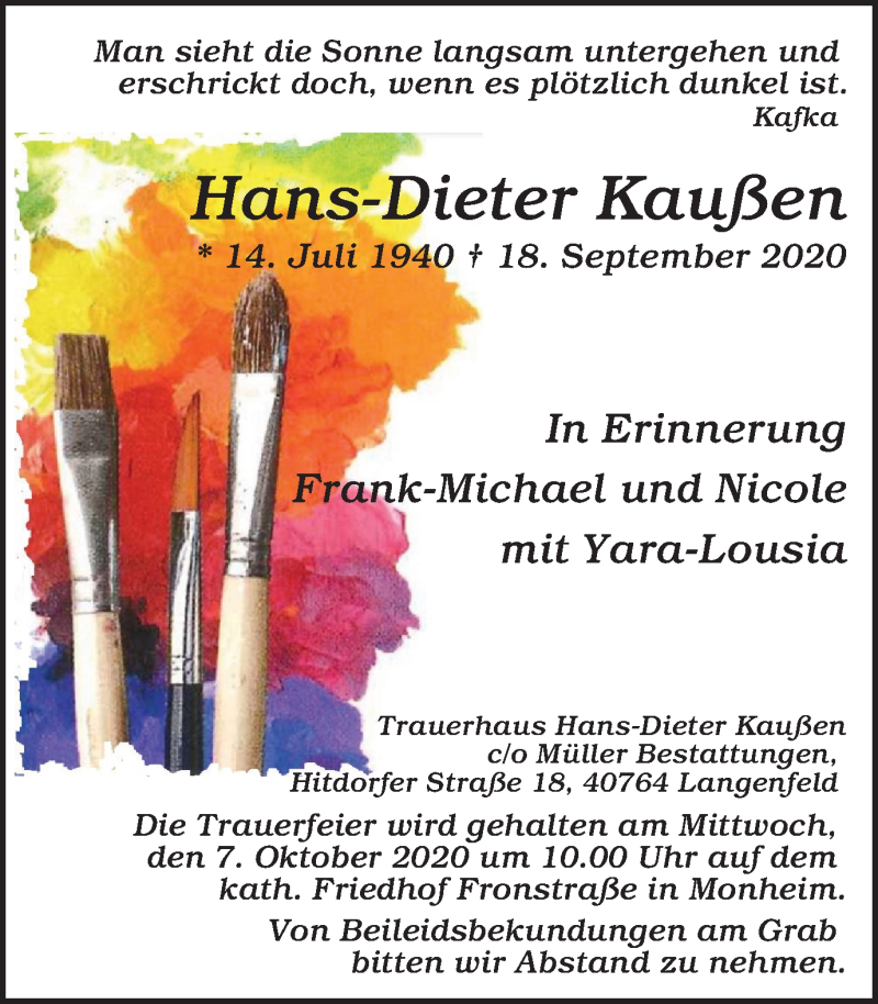  Traueranzeige für Hans-Dieter Kaußen vom 02.10.2020 aus WVW Anzeigenblätter