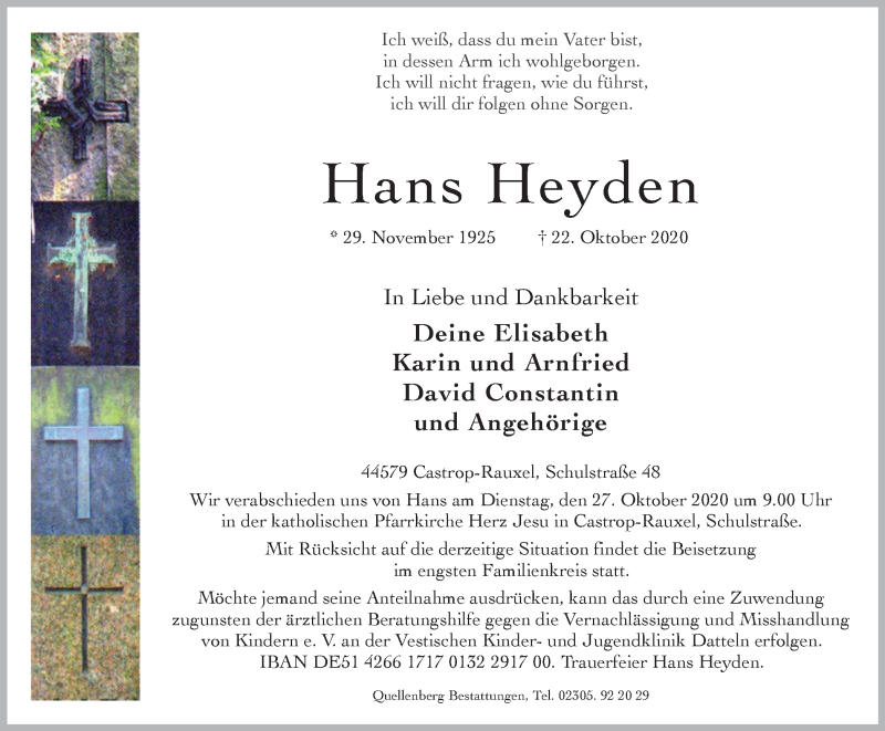  Traueranzeige für Hans Heyden vom 24.10.2020 aus WVW Anzeigenblätter