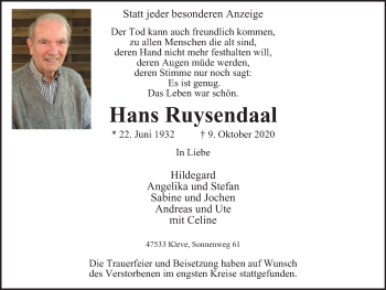 Traueranzeige von Hans Ruysendaal von WVW Anzeigenblätter