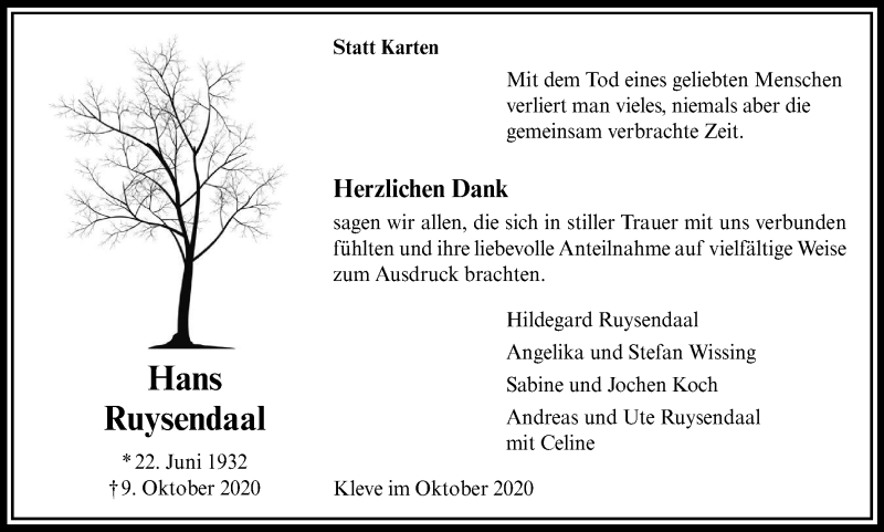  Traueranzeige für Hans Ruysendaal vom 31.10.2020 aus WVW Anzeigenblätter