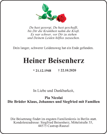Traueranzeige von Heiner Beisenherz von WVW Anzeigenblätter