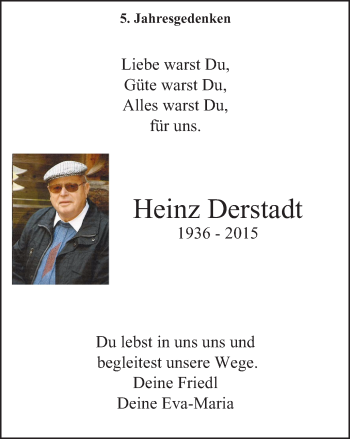 Traueranzeige von Heinz Derstadt von WVW Anzeigenblätter
