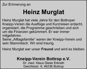 Traueranzeige von Heinz Murglat von WVW Anzeigenblätter