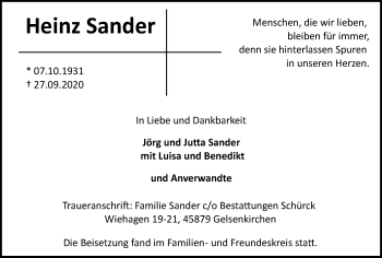 Traueranzeige von Heinz Sander von WVW Anzeigenblätter