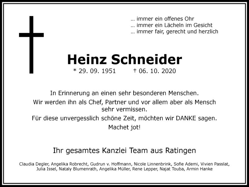  Traueranzeige für Heinz Schneider vom 15.10.2020 aus WVW Anzeigenblätter